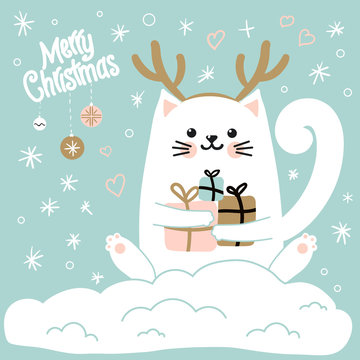 Cute cat with a hat with deer horns. Christmas vector illustration .Christmas card.