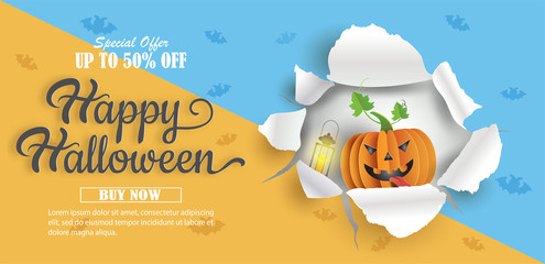 Paper art style of pumpkin breaking through paper, Halloween sale promotion banner with discount offer on special occasion, give voucher, banner, poster or background.