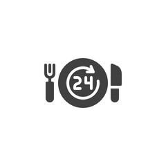Obraz na płótnie Canvas 24 hours food delivery vector icon. filled flat sign for mobile concept and web design. Plate with fork, knife and clock glyph icon. Symbol, logo illustration. Vector graphics