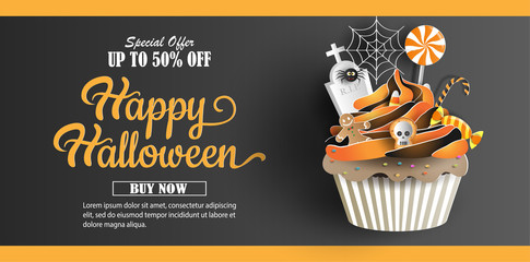 Halloween sale promotion banner with discount offer on special occasion, give voucher, banner, poster or background, paper art and craft style, cupcake with sweets decorations.