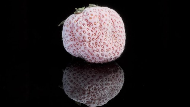 One fresh frozen strawberry on black glass with reflection. Black background, Rotation 360 degrees, Close-up