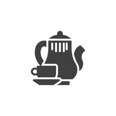Coffee pot and cup vector icon. filled flat sign for mobile concept and web design. Teapot kettle and cup with saucer glyph icon. Symbol, logo illustration. Vector graphics