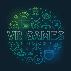 Vector VR Games round concept colorful outline illustration on dark background