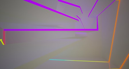 Abstract architectural white interior of a minimalist house with color gradient neon lighting. 3D illustration and rendering.