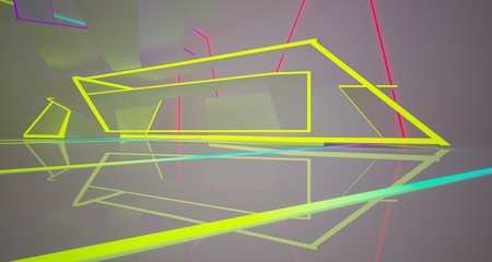 Abstract architectural white interior of a minimalist house with color gradient neon lighting. 3D illustration and rendering.
