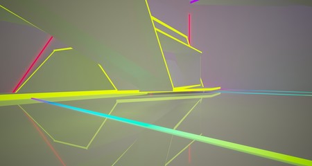 Abstract architectural white interior of a minimalist house with color gradient neon lighting. 3D illustration and rendering.