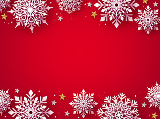 Christmas snowflakes background vector. Winter white snow  in red background and empty space for christmas text and seasonal promotion. Vector illustration.