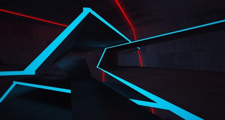 Abstract architectural concrete interior of a minimalist house with color gradient neon lighting. 3D illustration and rendering.