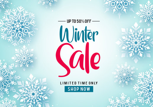 Winter sale vector banner background. Winter sale text and falling snowflakes in white background for seasonal promotion. Vector illustration.