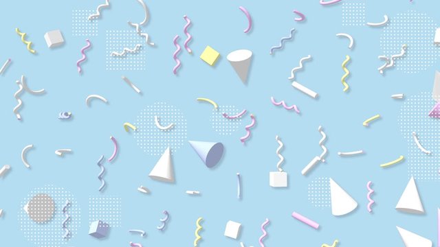 Memphis geometry background. Colorful 3D shapes pattern. Loop footage.