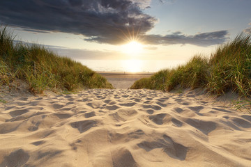 sand path to North sea beach at sunset sunshine