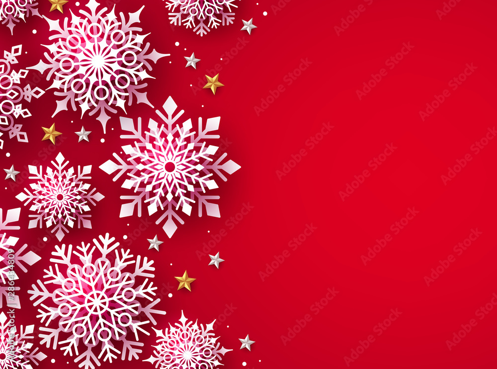 Poster winter snow for christmas vector background. christmas snowflakes in red background and empty space 