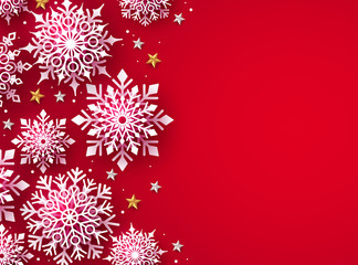 Winter snow for christmas vector background. Christmas snowflakes in red background and empty space for text. Vector illustration.