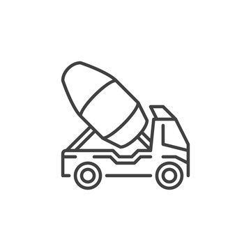 Cement Truck Outline Vector Icon. Concrete Mixer Car Symbol On White Background