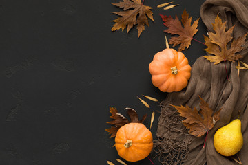 Autumn pumpkins, brown scarf with fallen leaves on black