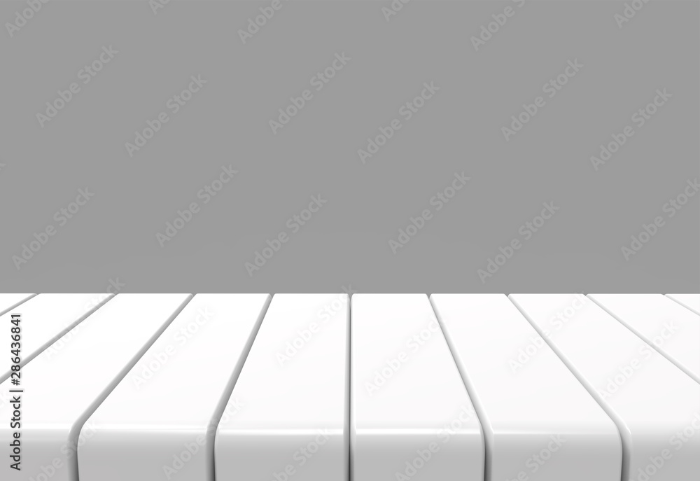Poster 3d rendering. empty montage style white panel table with gray wall background.