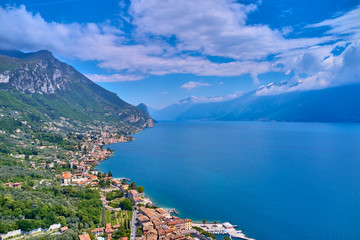 Aerial photography with drone. Italian town Gargnano on Lake Garda, Italy.