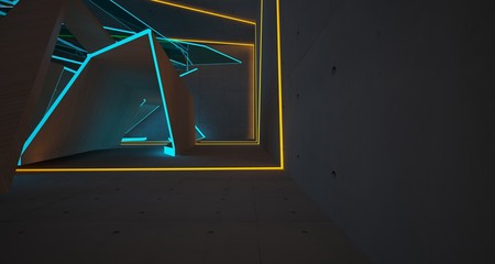 Naklejka premium Abstract architectural concrete, glass and wood interior of a minimalist house with color gradient neon lighting. 3D illustration and rendering.