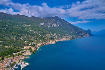 Fototapeta na wymiar Aerial photography with drone. Italian town Gargnano on Lake Garda, Italy.