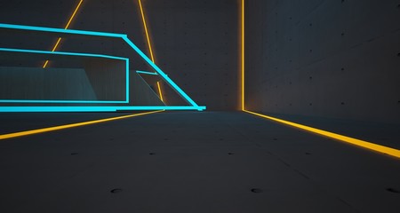 Abstract architectural concrete, glass and wood interior of a minimalist house with color gradient neon lighting. 3D illustration and rendering.