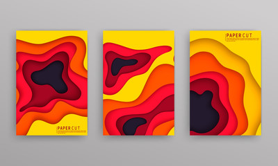 Set vector banners with red, orange, brown and yellow autumn leaves. Vector paper cut EPS10.