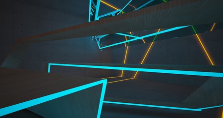 Abstract architectural concrete, glass and wood interior of a minimalist house with color gradient neon lighting. 3D illustration and rendering.