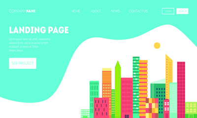 Landing page for real estate or travel website. City landscape in geometric flat style 