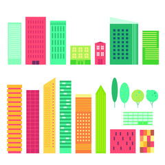 Vector set of city landscape elements, buildings and trees. Simple minimal geometric flat style 