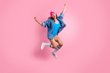 Full size photo of cute lady screaming shouting yeah raising fists wearing blue bodysuit swim suit...