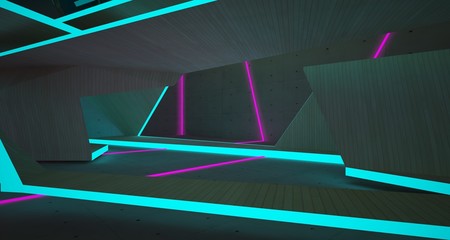 Abstract architectural concrete, glass and wood interior of a minimalist house with color gradient neon lighting. 3D illustration and rendering.