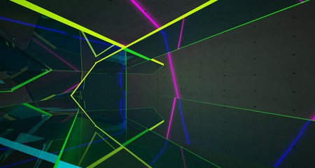Abstract architectural concrete, glass and wood interior of a minimalist house with color gradient neon lighting. 3D illustration and rendering.