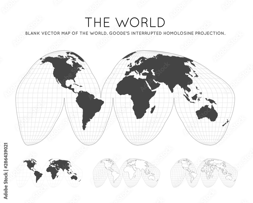 Poster map of the world. goode's interrupted homolosine projection. globe with latitude and longitude lines