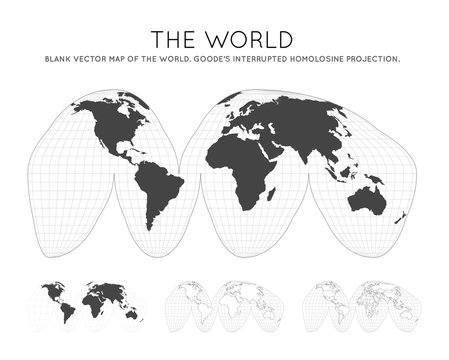 Map Of The World. Goode's Interrupted Homolosine Projection. Globe With Latitude And Longitude Lines. World Map On Meridians And Parallels Background. Vector Illustration.