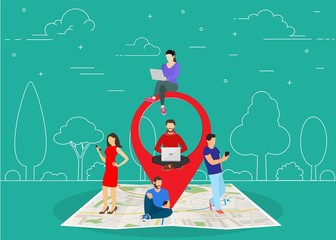 Mobile marketing with map tag concept. people using mobile smartphone to find shopping mall, events and offers. Vector illustration in flat style