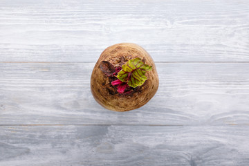 Fresh beetroot with leaves, whole raw beet on a gray wooden table. Food background. Top view. Close-up. Copy space.