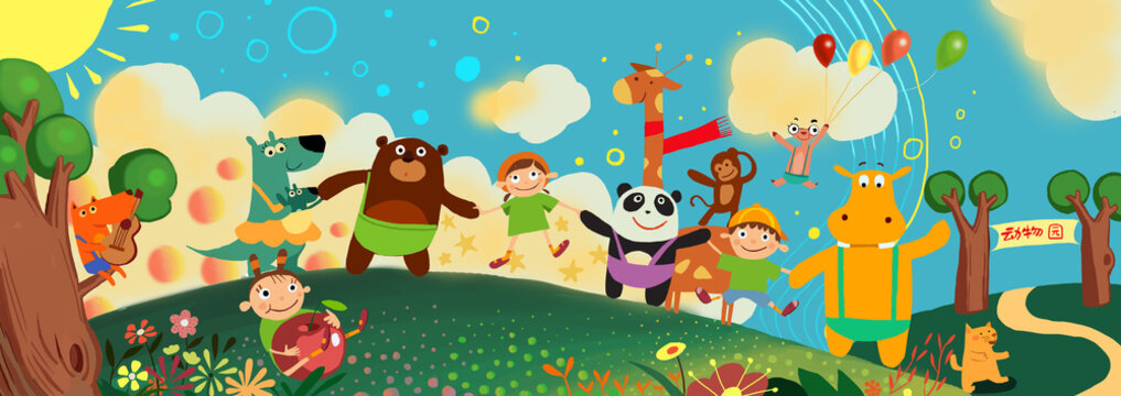 Fototapeta Zoos, animals, children, cartoons, cute, bears, toys, kindergartens, illustrations, pandas, play, happy, Children's Day, fun, paradise, forest, fairy tales, hand in hand, parties,
