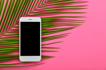Mobile phone and tropical leaf on color background