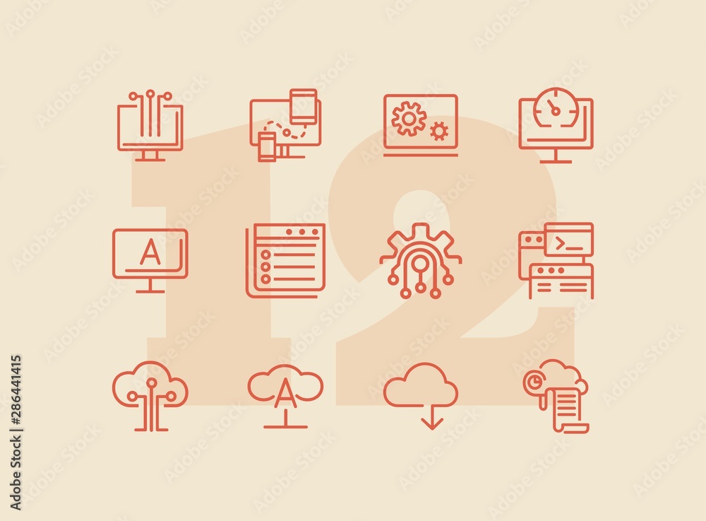 Poster computing line icon set. cloud print, monitor, coding. information technology concept. can be used f