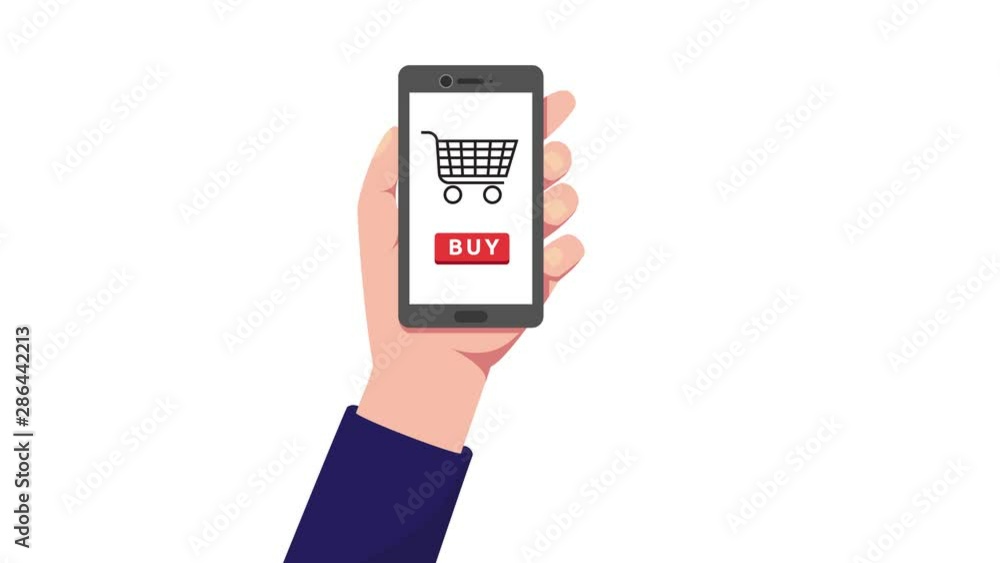 Poster online shopping animation concept. checkout and send money payment by hand click buy button on smart