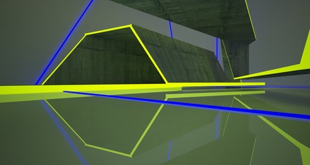 Abstract architectural concrete and white interior of a minimalist house with color gradient neon lighting. 3D illustration and rendering.