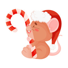 Cute little mouse with a lollipop. Vector illustration on a white background.