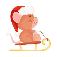 Cute brown mouse rides on a sled. Vector illustration on a white background.