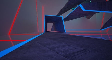 Abstract architectural concrete and white interior of a minimalist house with color gradient neon lighting. 3D illustration and rendering.