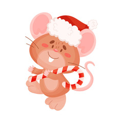 Cute brown mouse carries a lollipop. Vector illustration on a white background.