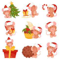 Fototapeta premium Set of cartoon mice in a Christmas hat. Vector illustration on a white background.