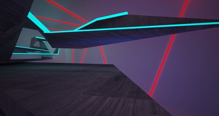 Abstract architectural concrete and white interior of a minimalist house with color gradient neon lighting. 3D illustration and rendering.