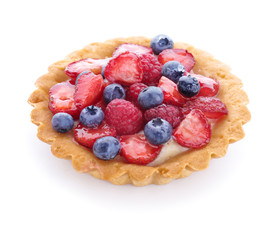 Sweet tartlet with berries on white background