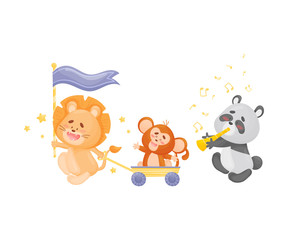 Cartoon lion, monkey and panda are coming. Vector illustration on a white background.