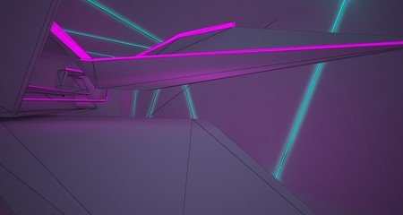 Abstract architectural drawing white interior of a minimalist house with color gradient neon lighting. 3D illustration and rendering.