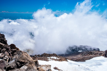 The view above the clouds and forest from a high mountain.